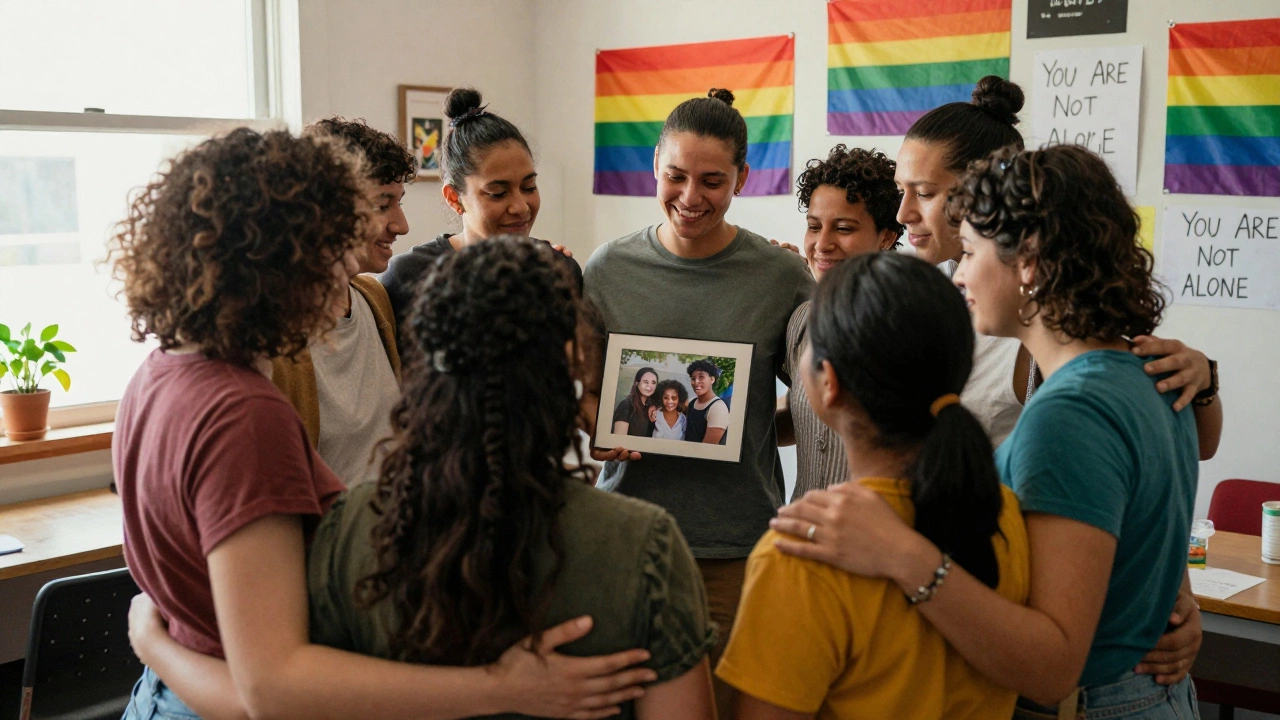 A group of LGBTQ+ people embrace in a colorful community center, holding photos and smiling through tears.
