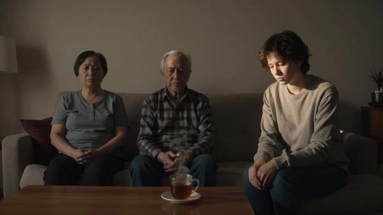 A person stands in a quiet living room as their parents sit silently, a cup of tea between them.