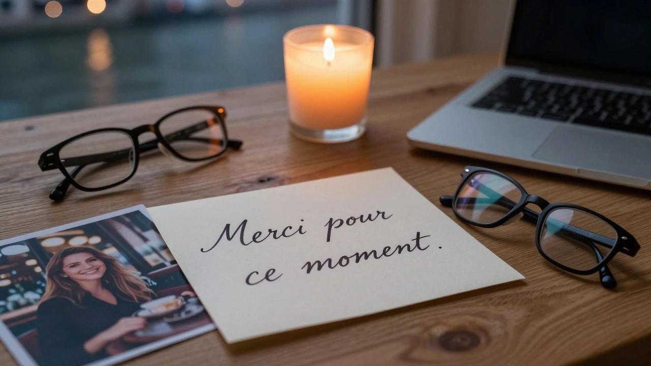 A personal note and candlelit objects on a desk, symbolizing a respectful, anonymous encounter in Paris.